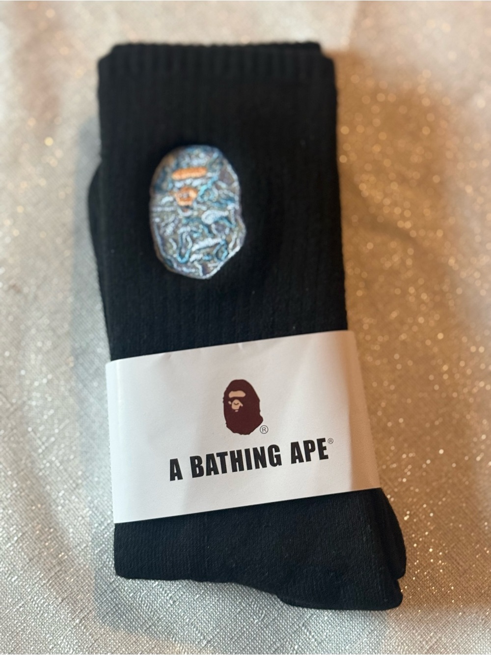 A Bathing Ape BAPE Camo Ape Head Embroidered Crew Socks Black New Sealed Unisex